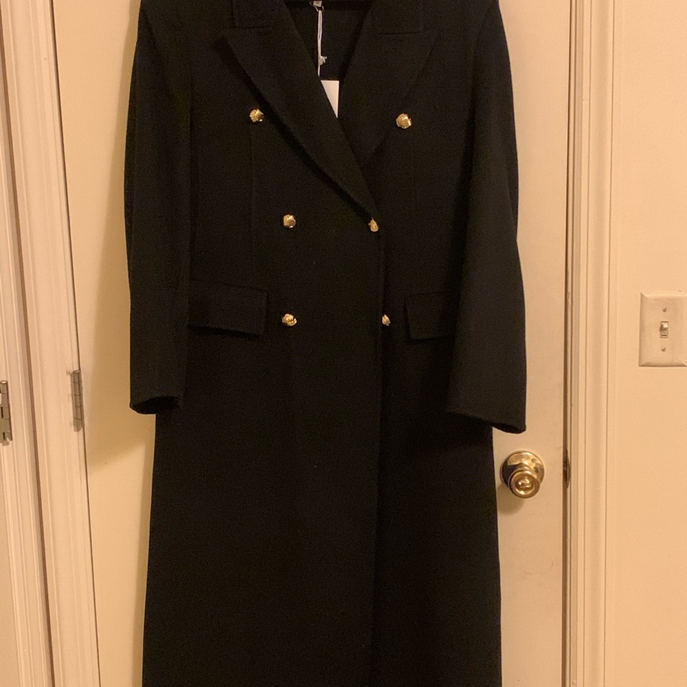 Pixie Market Black Double-Breasted Long Trench Coat with Gold Buttons